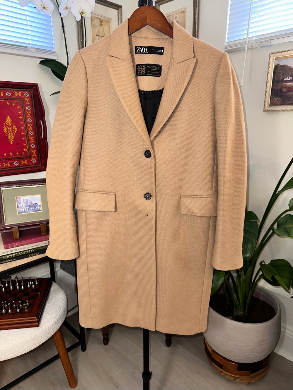 Zara Women's Camel Single-Breasted Wool Blend Coat